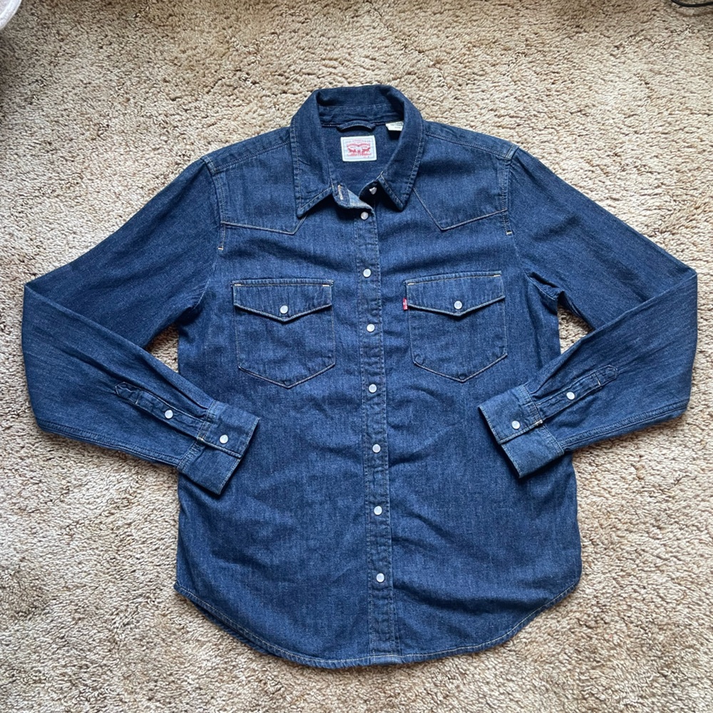 Levi’s Women’s Size Small Iconic Western Buttondown With Pearl Buttons Snap Blue